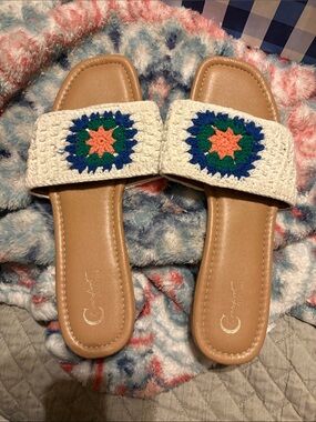 Cato White Crochet Slide Sandals with Green, Blue & Orange Accents